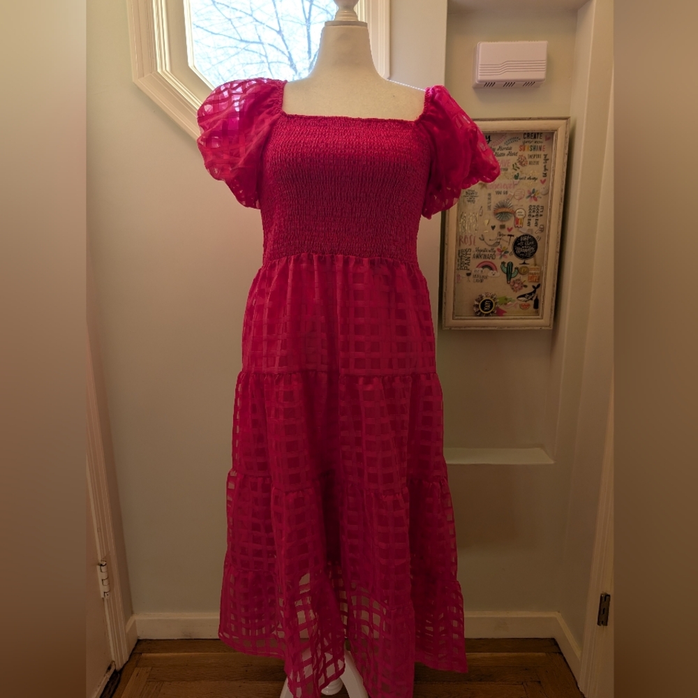 Hot pink smocked ankle length dress